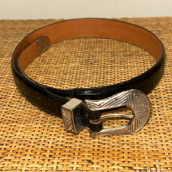 Vintage 1995 ONYX Black Leather Belt Silver Tone Buckle Western Cowboy Rodeo - Picture 1 of 8